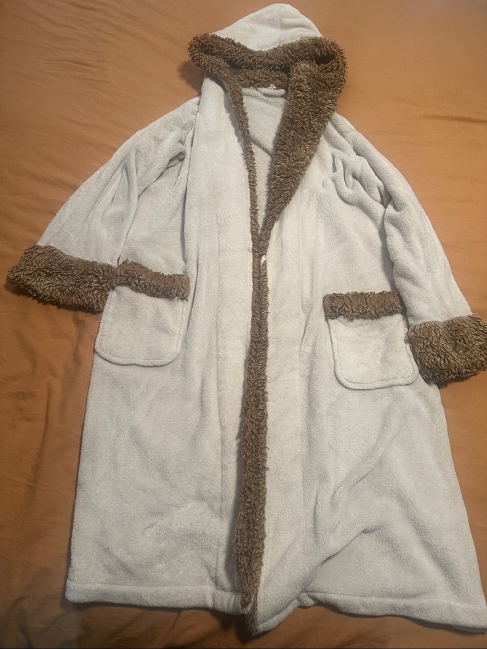 Pottery Barn Plush Hooded Robe in Cream with Brown Trim